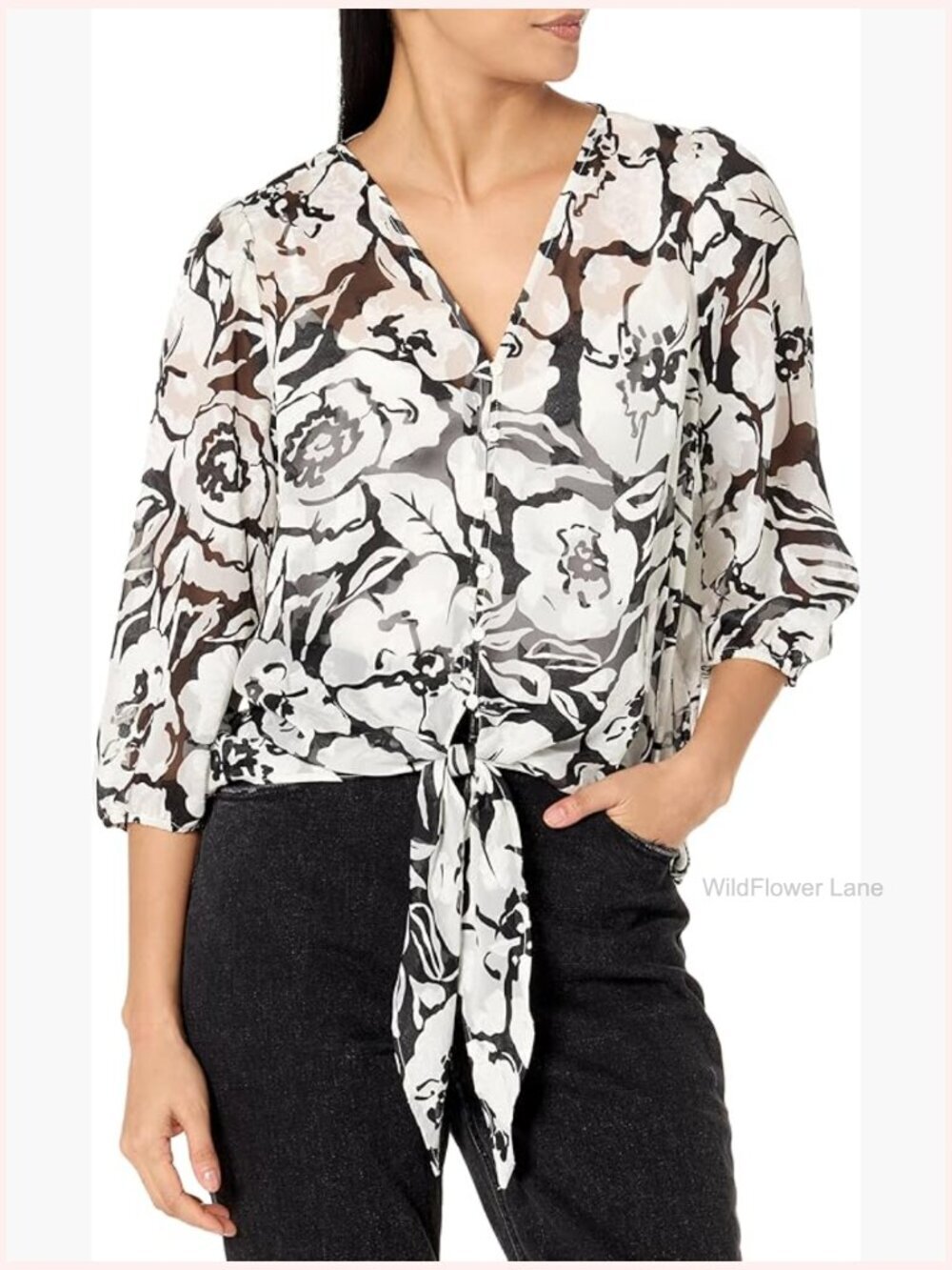 Printed V-Neck Long Sleeve Peasant Top with Tie Front